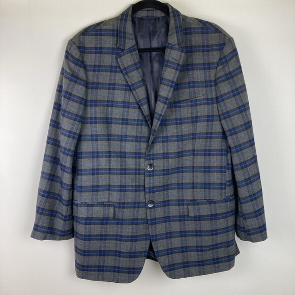 Ben Sherman Mens Blue Gray Plaid Suit Jack Blazer Sport Coat Size 42 Regular